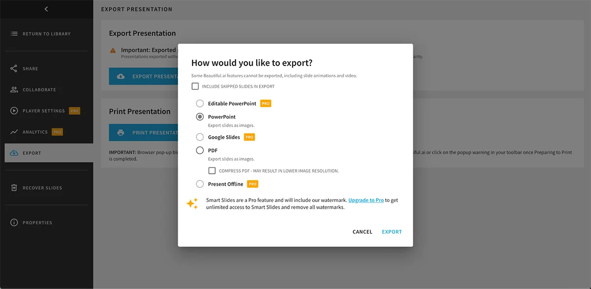best presentation software - Beautiful.ai AI publishing and export options