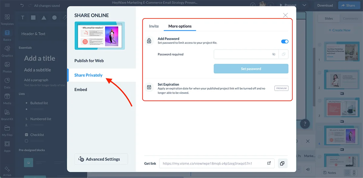 best presentation software - Publish and export options in Visme