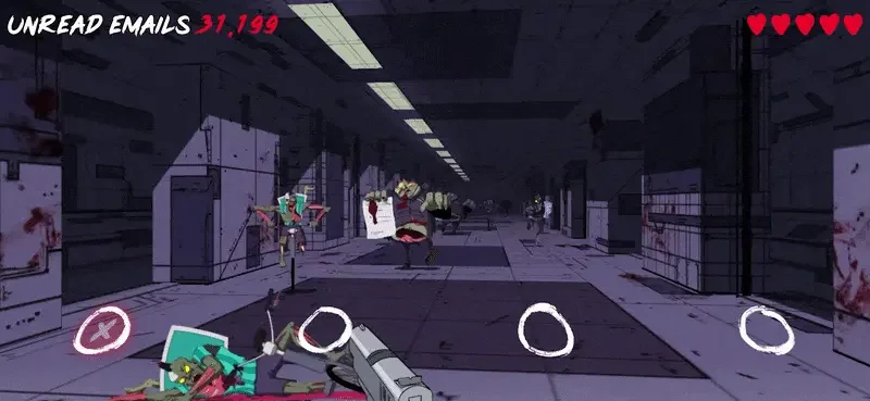 First-person view of a neon-lit warehouse corridor with zombies ahead, unread email counter and health bar visible at top of screen in The Unread game