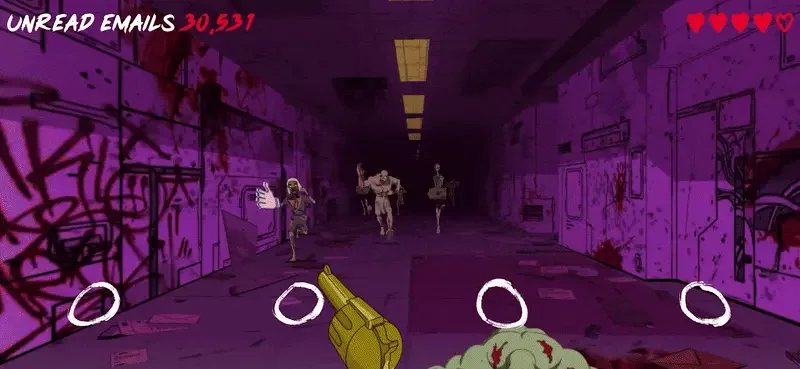 First-person view of a yellow gun firing at zombie figures in a purple-tinted corridor with unread emails counter and health hearts displayed on screen