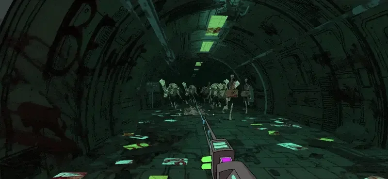 First-person view of a sci-fi corridor filled with glowing neon cubes and zombie figures in The Unread game
