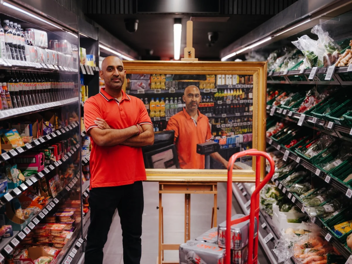 Man in red shirt stands beside a large wooden-framed mirror in a supermarket aisle, reflecting shelves of products behind him.