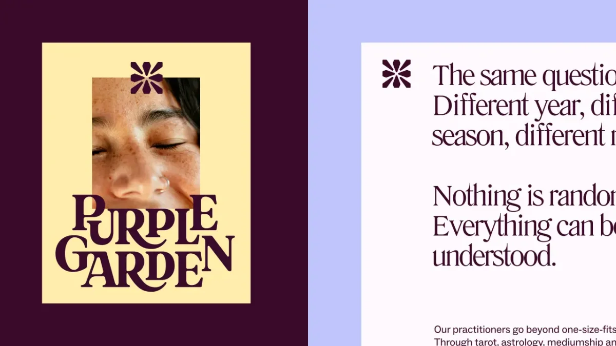 Purple Garden branding showing a close-up portrait photograph with a yellow background and purple serif logotype below