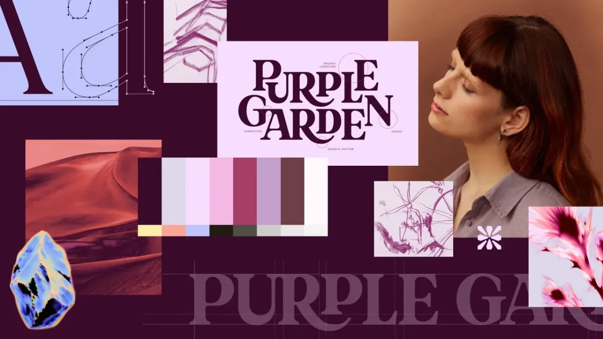 Mood board for Purple Garden rebrand featuring purple and pink colour palette with brand typography, floral and abstract imagery, and portrait of woman in profile