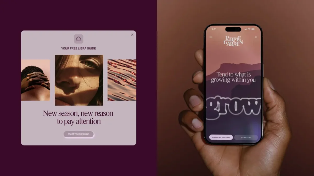 Left: Purple card displaying three images and text reading "New season, new reason to pay attention". Right: Hand holding smartphone showing Purple Garden app with text "Tend to what is growing within you
