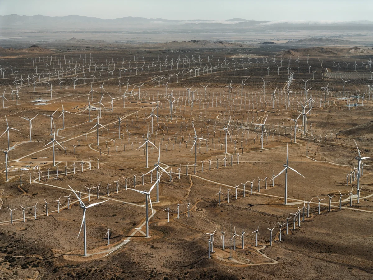 Vast desert landscape dotted with hundreds of white wind turbines stretching across arid terrain with mountains in the distance