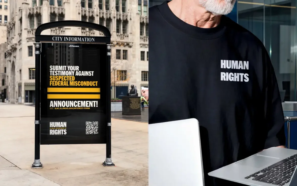 Left: street kiosk with black background displaying announcement about submitting testimony against suspected federal misconduct with Human Rights logo; right: man wearing black sweatshirt printed with white Human Rights text sitting at laptop