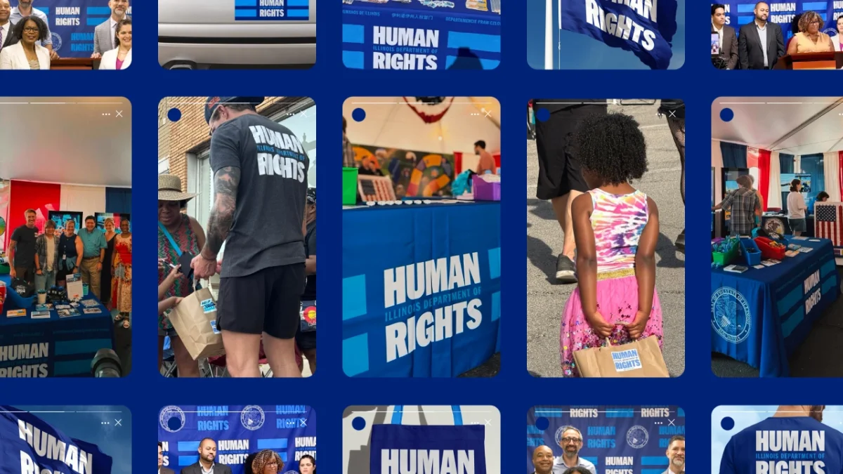 Grid of photographs showing IDHR branding and community engagement activities, including people wearing Human Rights branded clothing and materials displayed at various events and locations