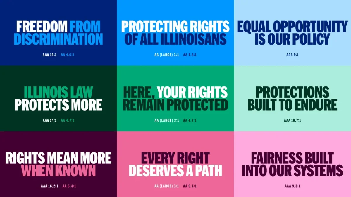 Grid of nine coloured panels displaying slogans about Illinois human rights protections, including freedom from discrimination, equal opportunity and fairness in systems