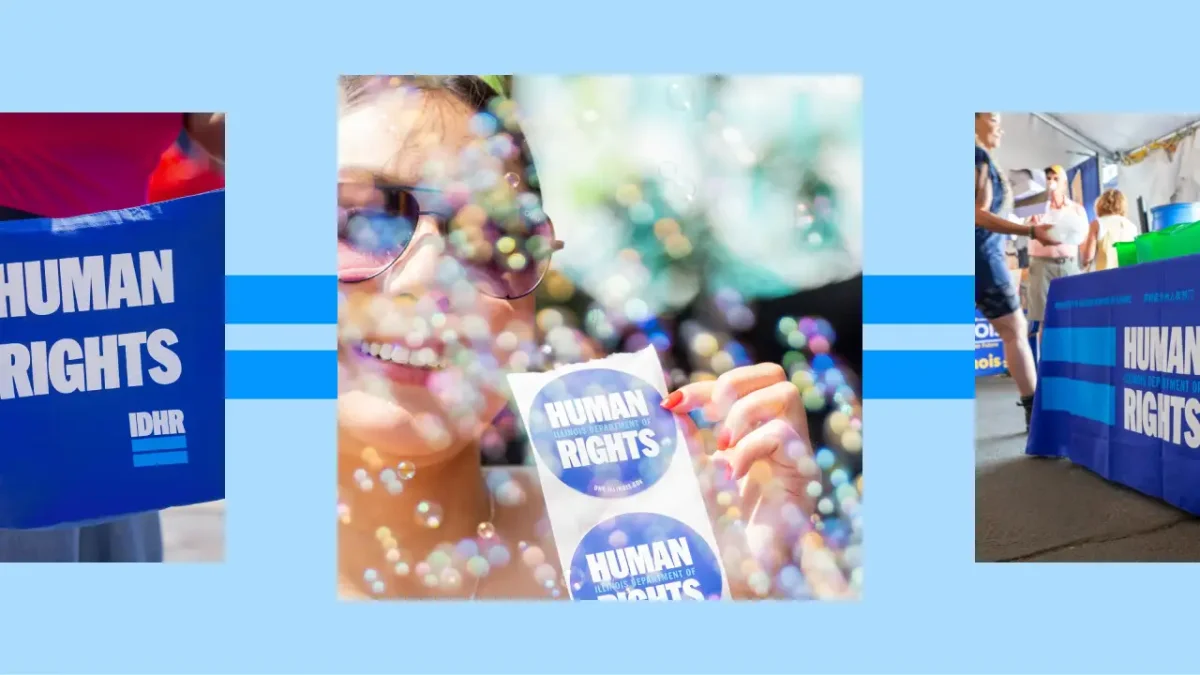 Collage showing three views of blue and white Human Rights banners and stickers being held up at what appears to be a public rally or demonstration