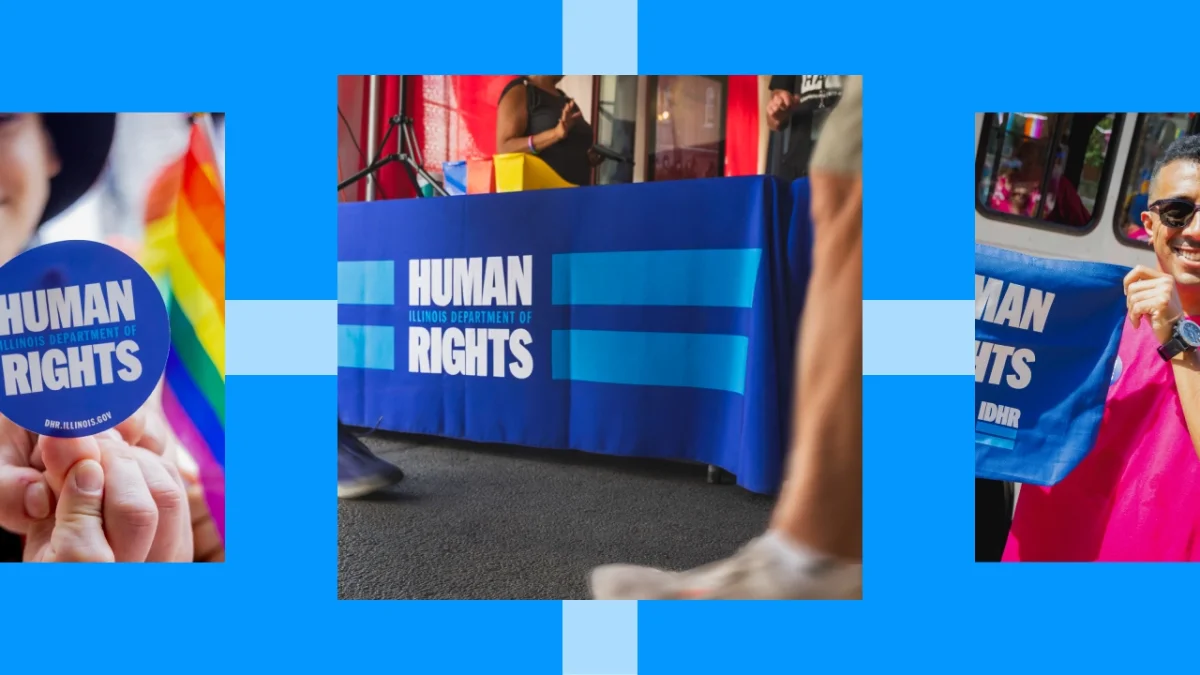 Collage showing IDHR human rights campaign materials including pins, banners and signage with "HUMAN RIGHTS" text on blue backgrounds at what appears to be a public event or protest