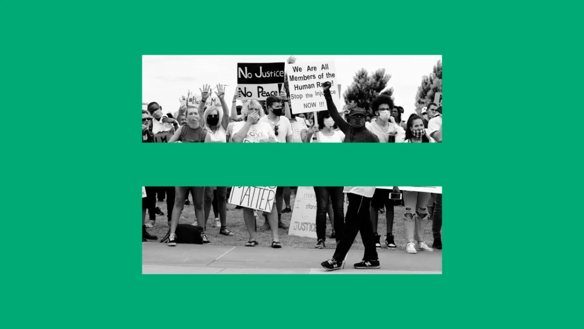 Two black and white photographs from civil rights protests showing crowds of demonstrators holding signs advocating for justice and equality